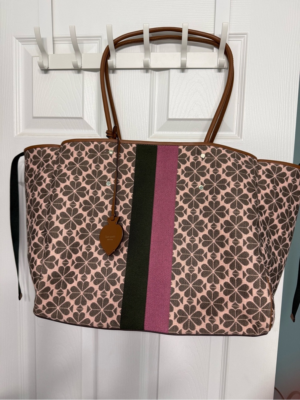 kate spade Pink Floral Jacquard Tote with Brown Handles and Center Stripe